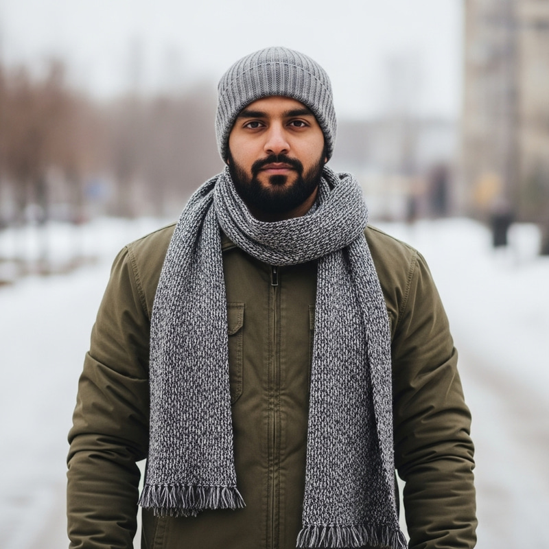Strong Man in Winter Clothes with Determined Expression