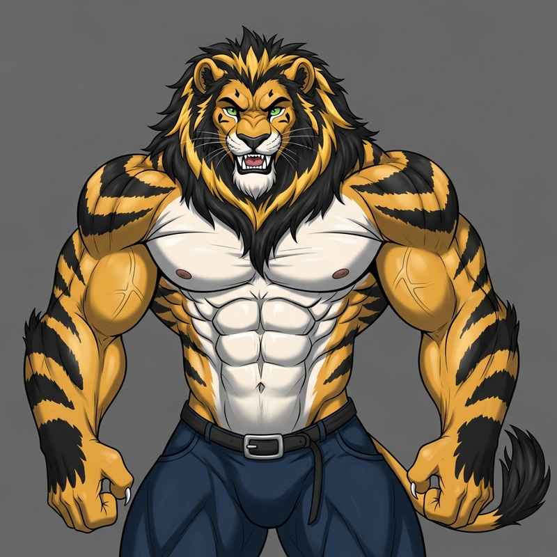 Robust Anthropomorphic Lion - Powerful Physique & Fiery Presence