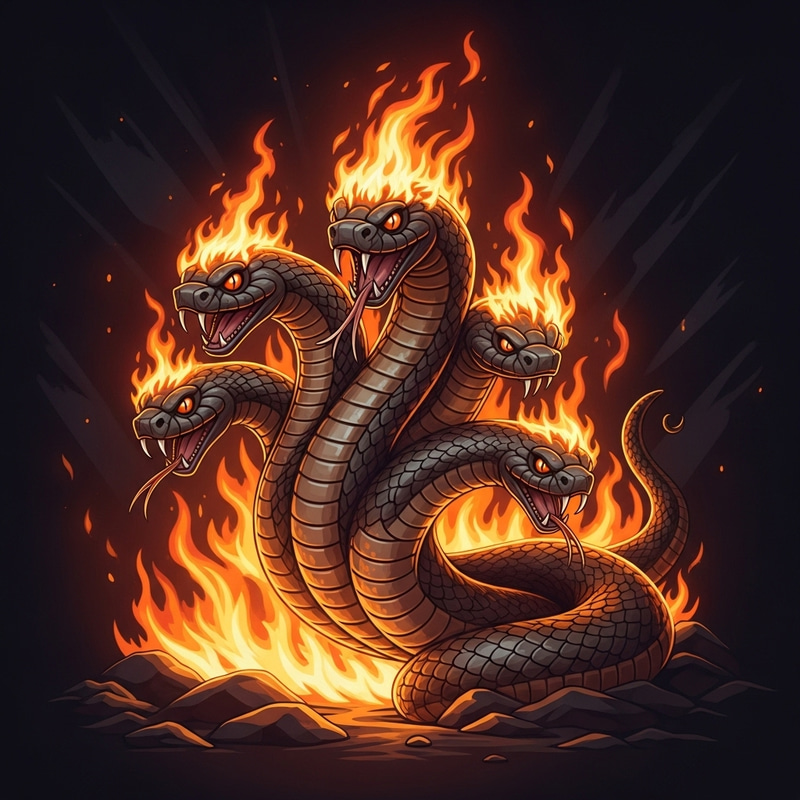 Four-Headed Snake On Fire - Mythical Creature Art Four-Headed Snake On Fire - Mythical Creature Art