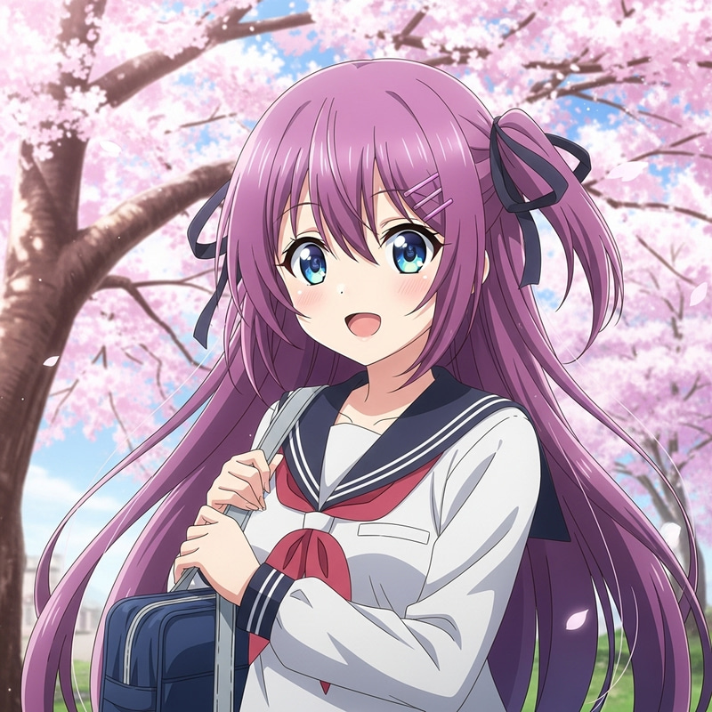 Anime Girl with Vibrant Long Hair in School Uniform