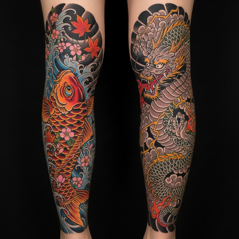 Stunning Japanese Koi Fish and Dragon Leg Tattoo Designs Stunning Japanese Koi Fish and Dragon Leg Tattoo Designs