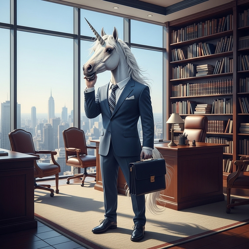 Professional Executive Unicorn with City Skyline View