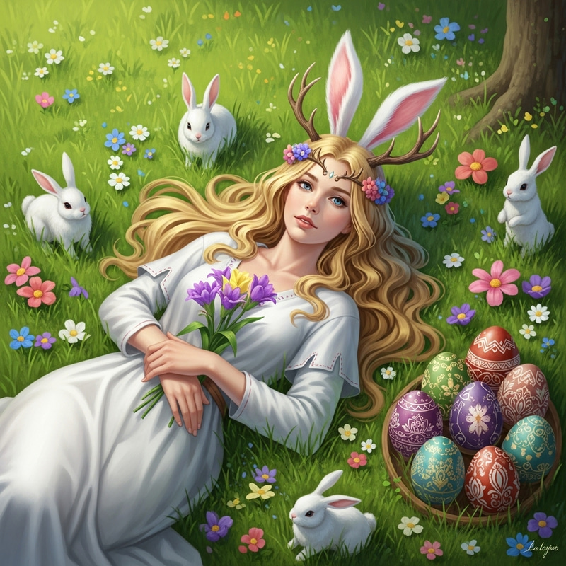 Divine Goddess with Golden Hair, Antlers and Bunny Ears Divine Goddess with Golden Hair, Antlers and Bunny Ears