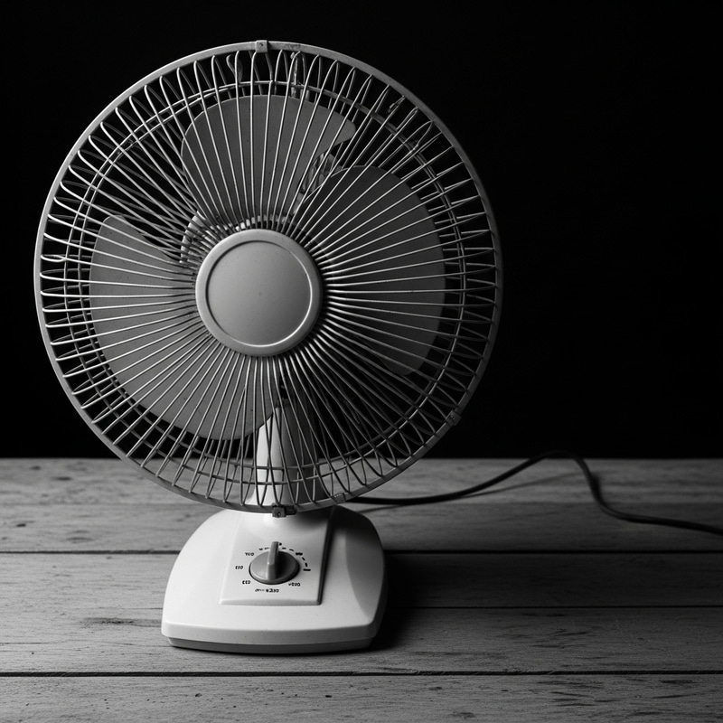 Vintage Electric Fan on Wooden Table: Nostalgic Documentary Photo