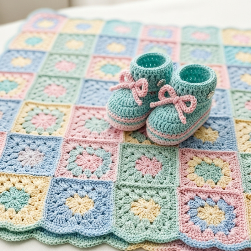 Handmade Crochet Baby Blanket & Booties in Pastel Colors Handmade Crochet Baby Blanket & Booties in Pastel Colors