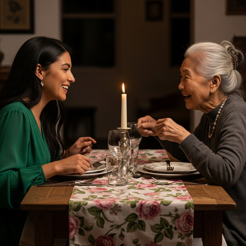 Young Hispanic Woman Dining with Elderly Asian Woman in Green Dress Young Hispanic Woman Dining with Elderly Asian Woman in Green Dress