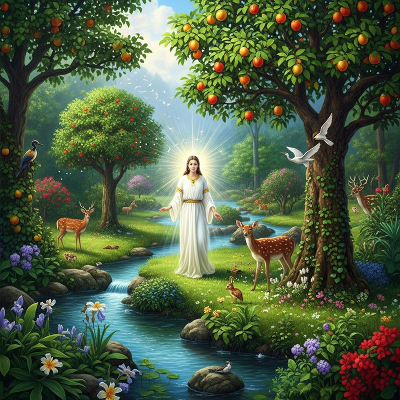 Divine Entity in Verdant Garden of Eden