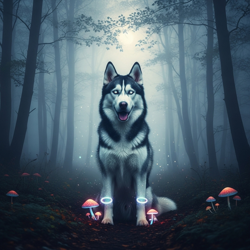 Mystical Husky in Enchanted Forest | Moonlit Magic Scene Mystical Husky in Enchanted Forest | Moonlit Magic Scene