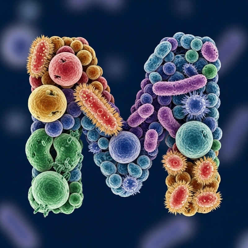 Macro Microscopic 'M' Art: Vibrant Germs Composition with Intricate Details Macro Microscopic 'M' Art: Vibrant Germs Composition with Intricate Details