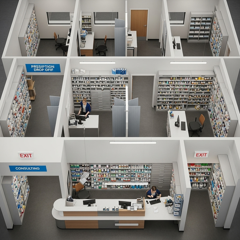 Pharmacy Interior: Drop-off, Workstation, Filling, Consulting, Pick-up & Storage Pharmacy Interior: Drop-off, Workstation, Filling, Consulting, Pick-up & Storage