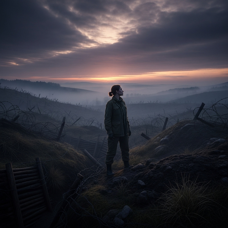 Shadowy Hills at Murky Dawn: Female Figure Rising in Sway Shadowy Hills at Murky Dawn: Female Figure Rising in Sway