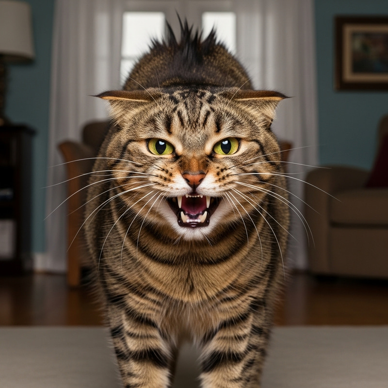 Intense Angry Cat | Defensive Stance with Flared Fur & Hissing Expression Intense Angry Cat | Defensive Stance with Flared Fur & Hissing Expression