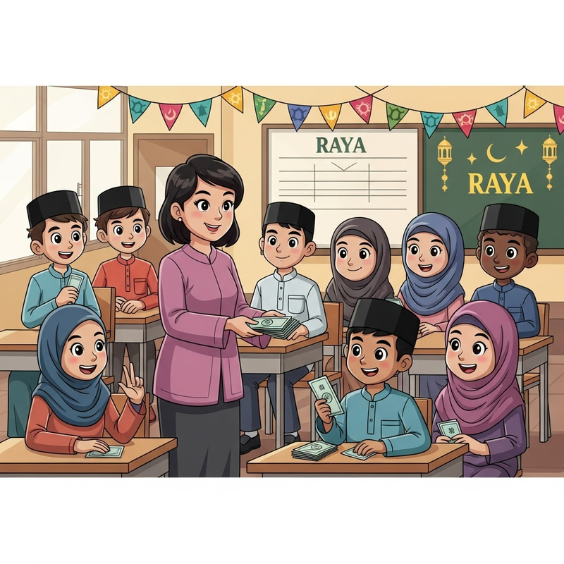 Diverse Hijab Students Receive Raya Money from Teacher Diverse Hijab Students Receive Raya Money from Teacher