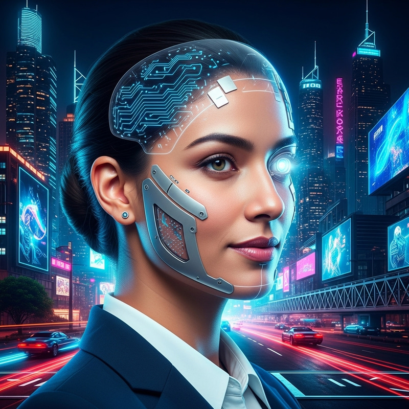 Half-Human Half-AI Profile Picture in Future City Half-Human Half-AI Profile Picture in Future City