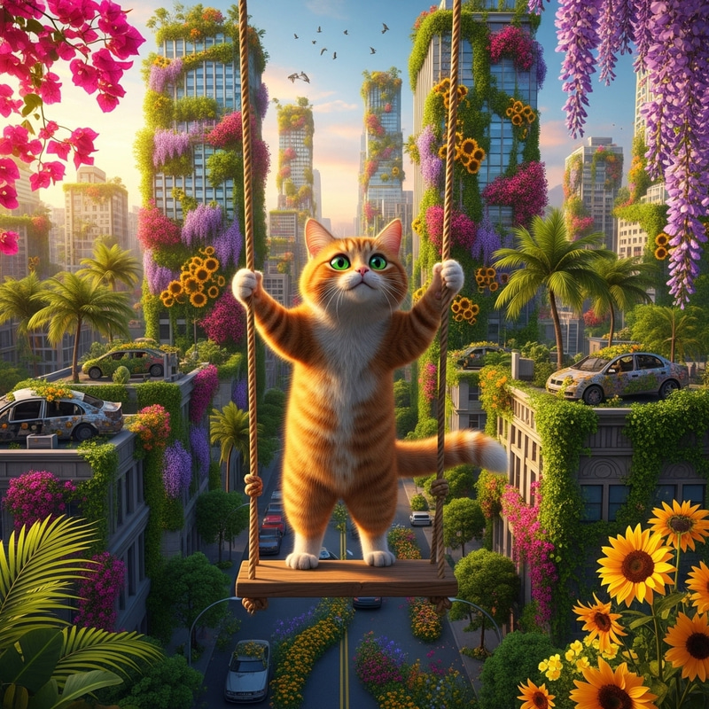 Vibrant Cityscape Cat Swing | Lush Foliage & Flowers Vibrant Cityscape Cat Swing | Lush Foliage & Flowers