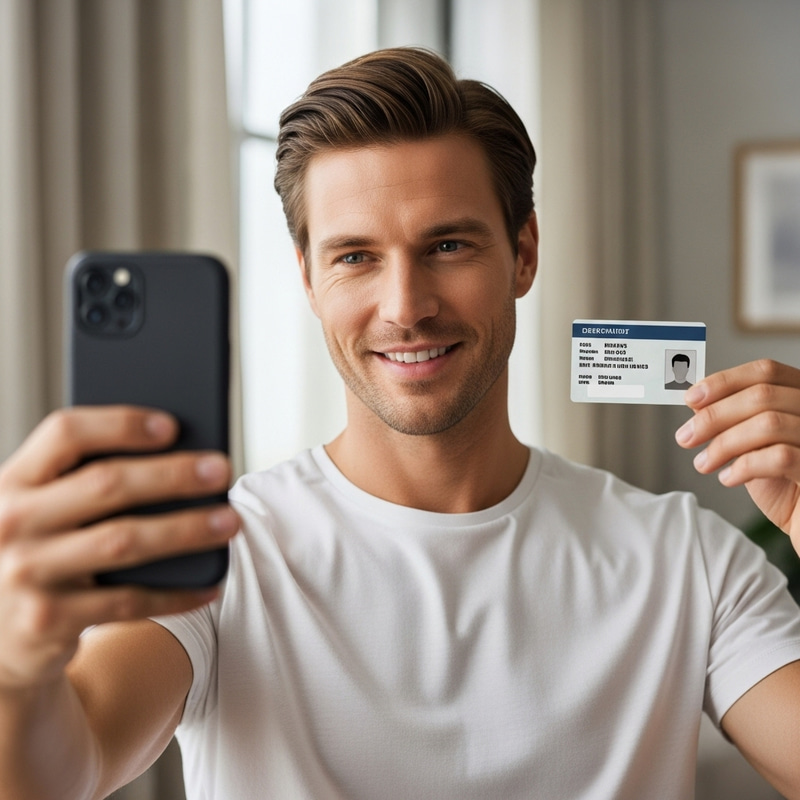 Caucasian Male Taking Selfie with ID in Brightly Lit Room