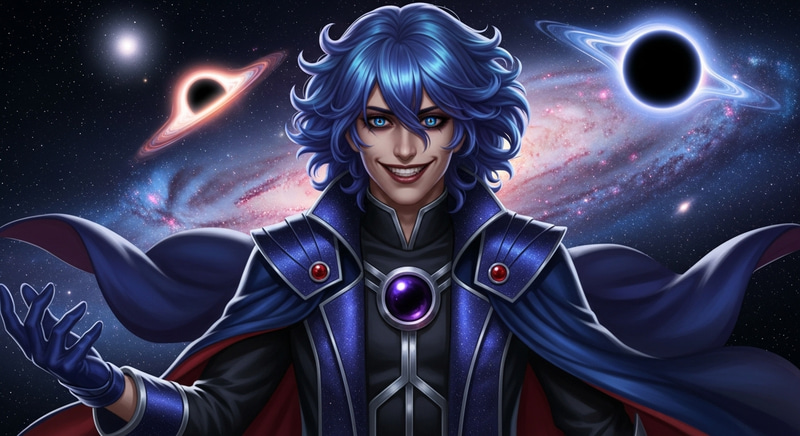 Galactic Anti-Hero with Blue Purple Hair and Sadistic Smile