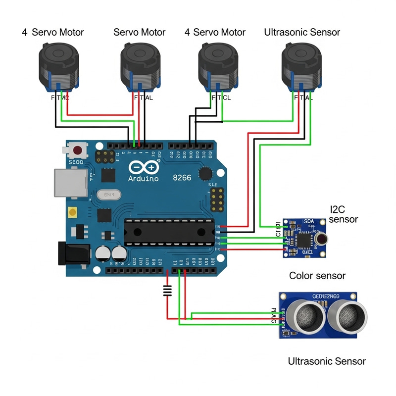 Arduino 8266 Circuit with 4 Servos & Sensors Arduino 8266 Circuit with 4 Servos & Sensors