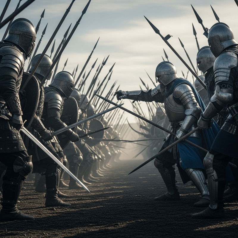 Epic Battle: Black vs. Silver Armored Warriors Clash