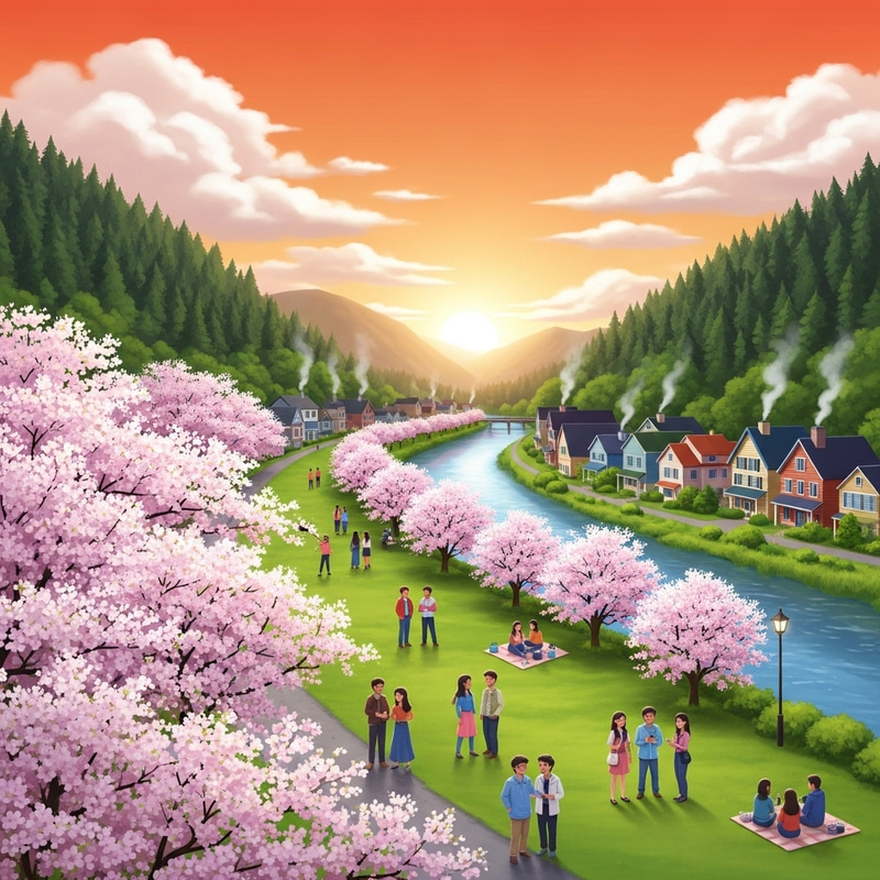 Tranquil Small Town with Cherry Blossom Park & Colorful Houses Tranquil Small Town with Cherry Blossom Park & Colorful Houses