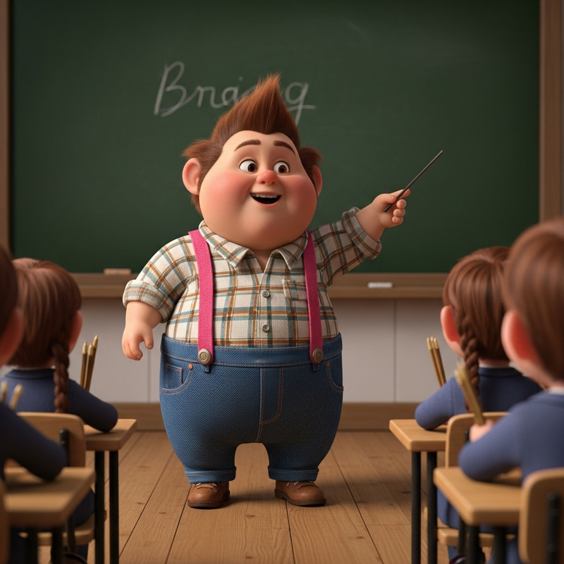 Whimsical Fairy Tale Character Teaches Class in Denim and Pink Suspenders