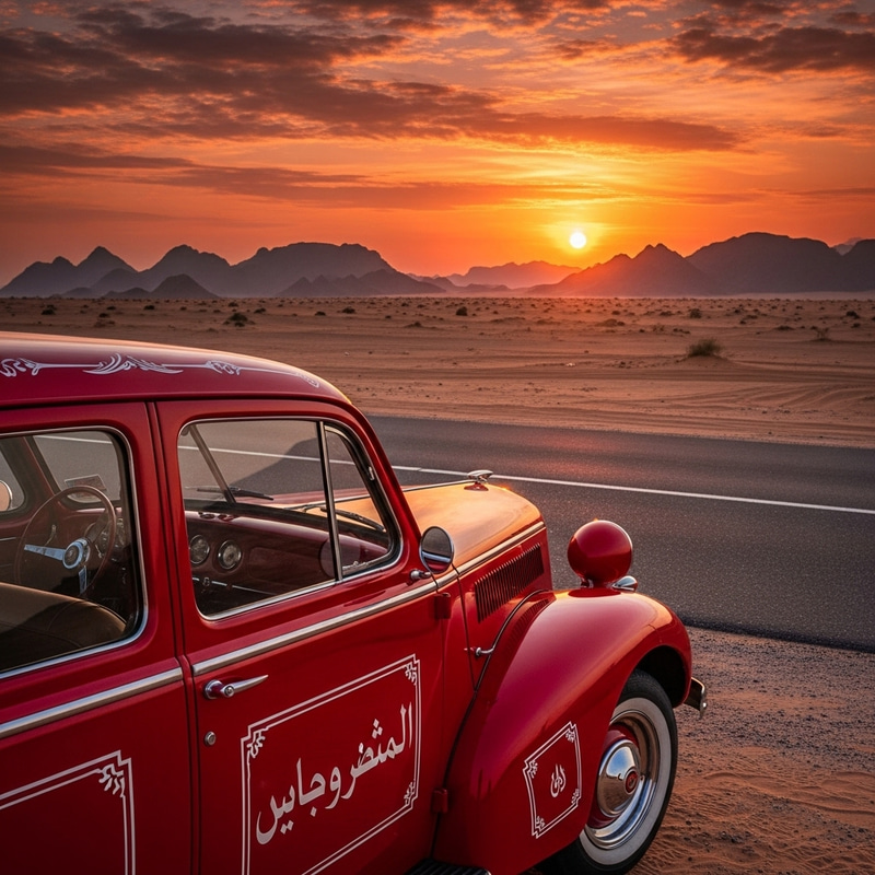 Vintage Arabic Car in Desert Sunset Scene Vintage Arabic Car in Desert Sunset Scene