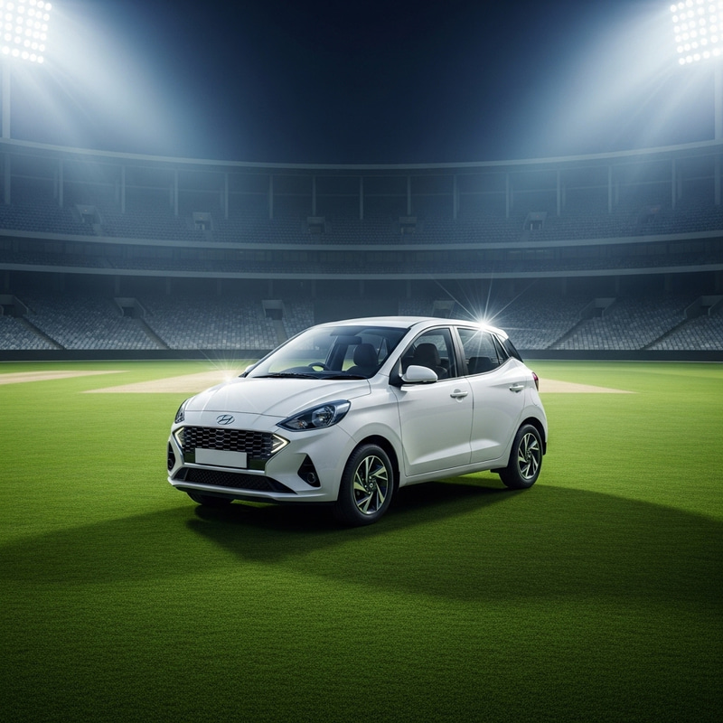 White Hyundai Aura Car in Cricket Stadium | Surreal Scene