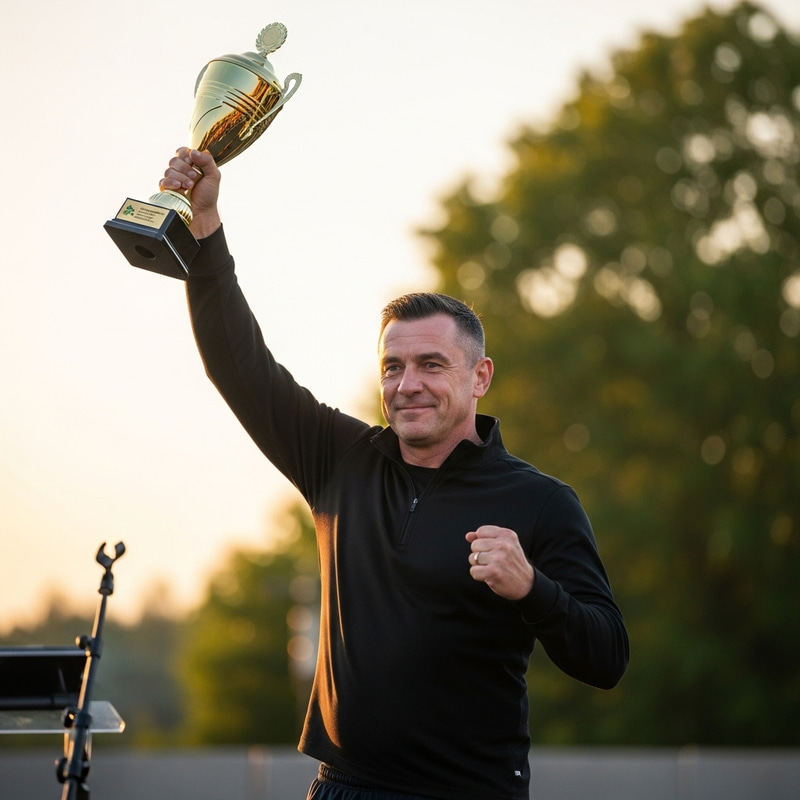 Triumphant Man Lifts Golden Trophy At Sunset Triumphant Man Lifts Golden Trophy At Sunset