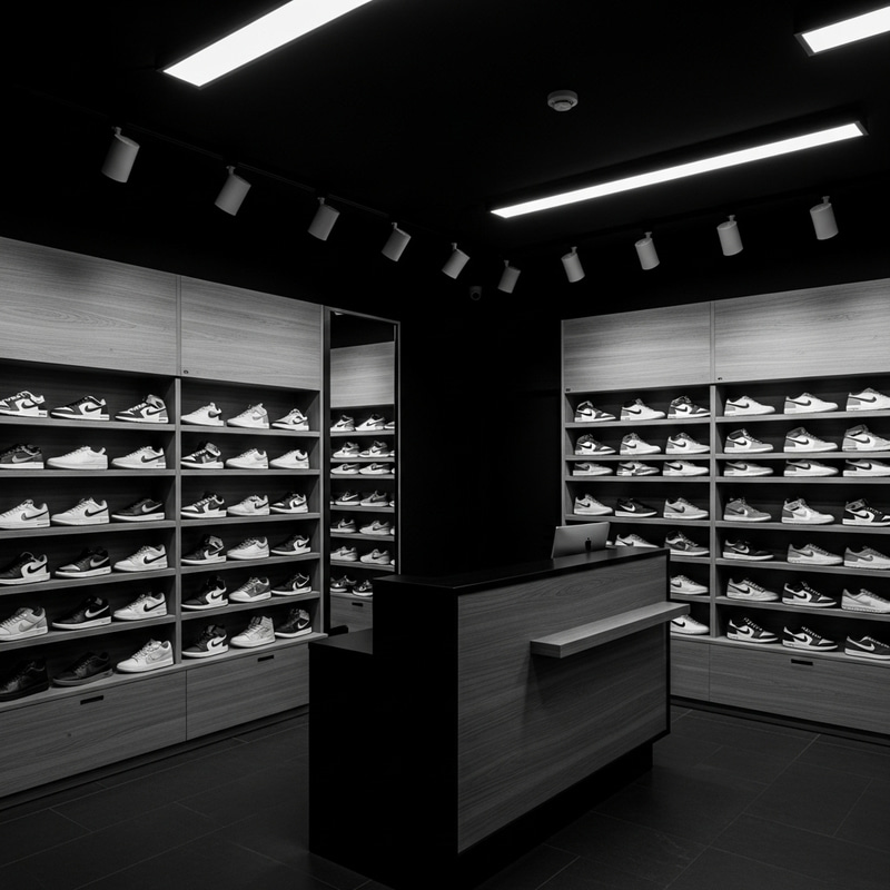 Black and White Sneaker Shop Interior: Modern Design Black and White Sneaker Shop Interior: Modern Design
