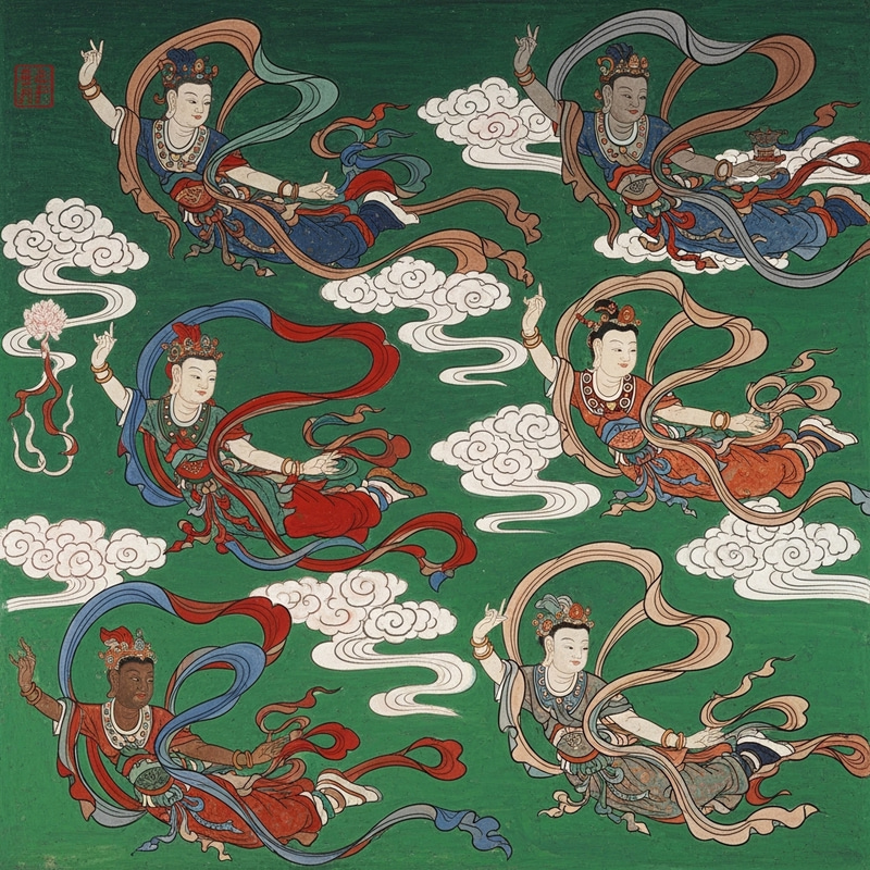 Dunhuang Style Heavenly Beings in Flight Among Ribbons and Clouds