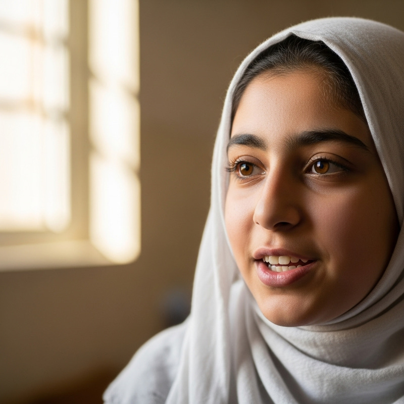Hijab-Wearing Muslim Girl Speaking - Authentic Portrait Hijab-Wearing Muslim Girl Speaking - Authentic Portrait