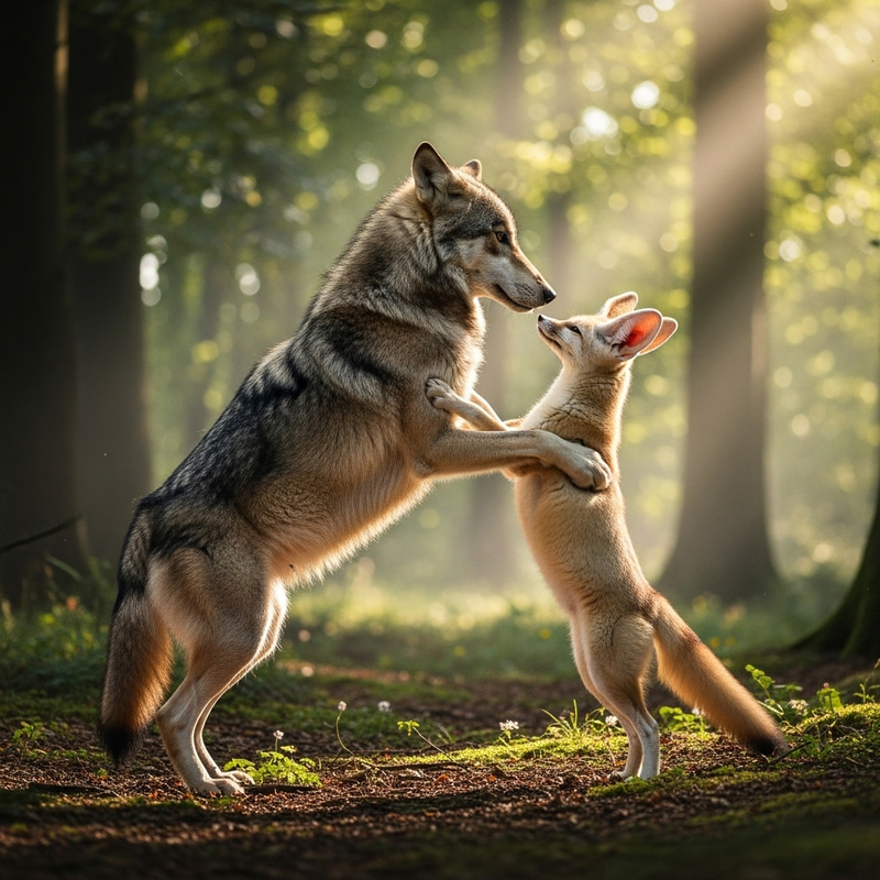 Wolf and Fennec Fox Nuzzle in Serene Moment Wolf and Fennec Fox Nuzzle in Serene Moment