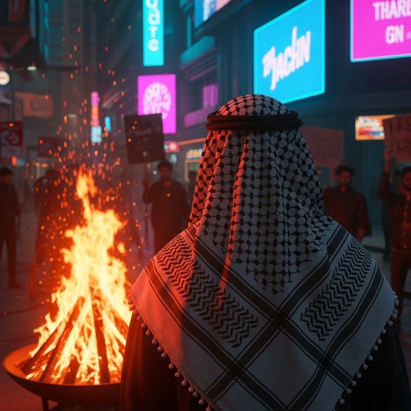 Cyberpunk Keffiye Street Protest with Neon Colors Cyberpunk Keffiye Street Protest with Neon Colors