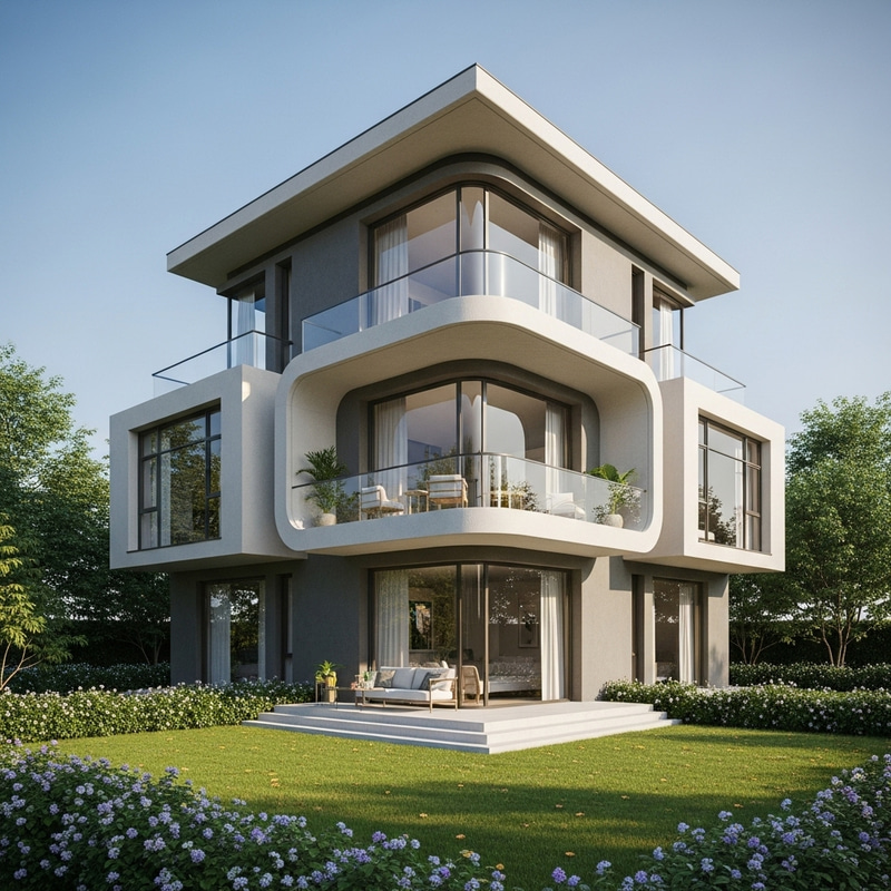 Design Modern 3-Story Cube Residence with Round Corners