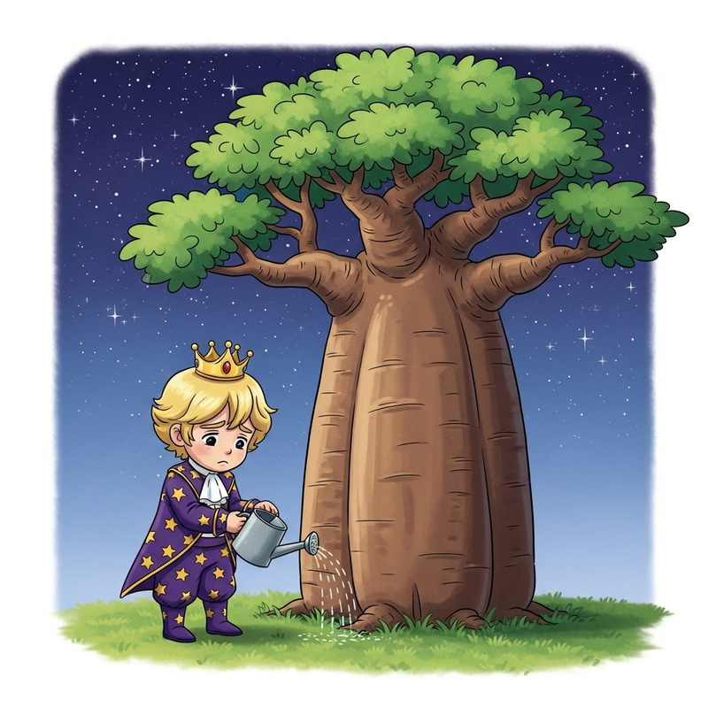 Little Prince Caring for Baobab Tree - Symbol of Responsibility Little Prince Caring for Baobab Tree - Symbol of Responsibility