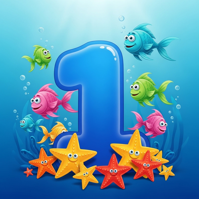 Blue Number One Cartoon with Sea Stars and Fish
