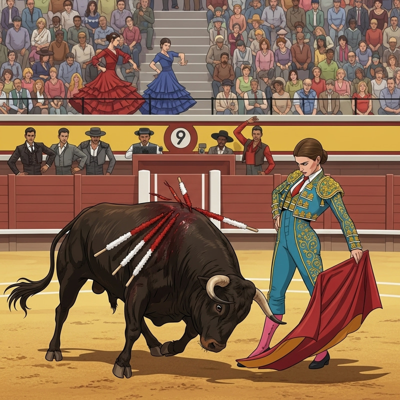 Skillful Female Matador Faces Fierce Bull in Diverse Bullfighting Arena