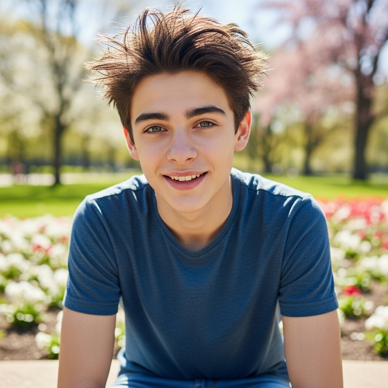 Handsome Young Boy with Curiosity in Sunny Park Setting