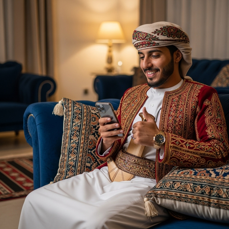 Happy young man in Yemeni attire on sofa using mobile phone