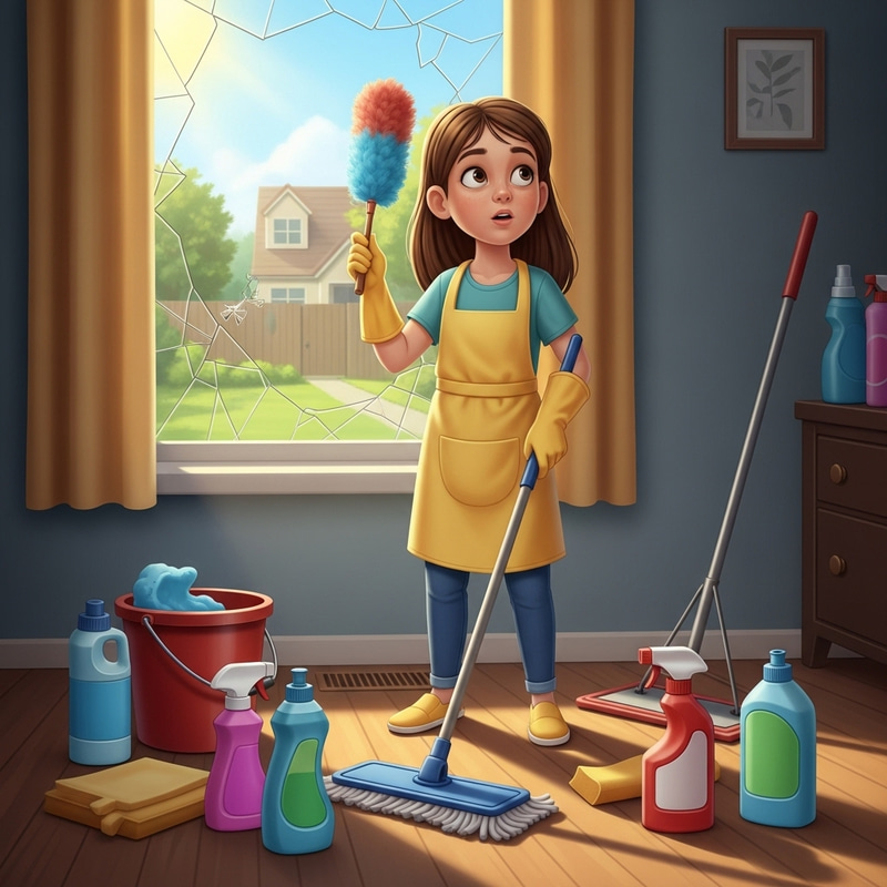 Curious Girl Cleaning Indoors Discovers Backyard Sounds Curious Girl Cleaning Indoors Discovers Backyard Sounds