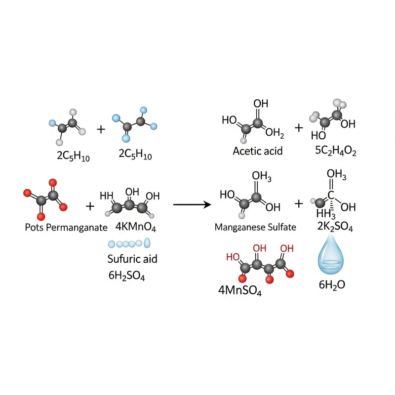 Chemical Reaction: 2C5H10 + 4KMnO4 + 6H2SO4 → 5C2H4O2 + 2K2SO4 + 4MnSO4 + 6H2O Chemical Reaction: 2C5H10 + 4KMnO4 + 6H2SO4 → 5C2H4O2 + 2K2SO4 + 4MnSO4 + 6H2O
