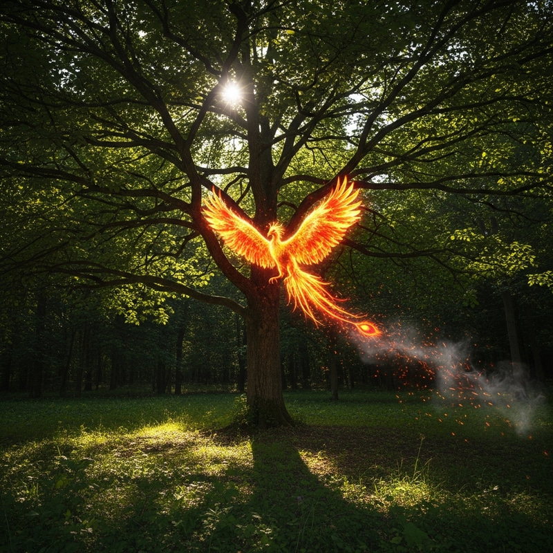 Captivating Tree and Phoenix Scene | Fiery Mythical Creature in Forest