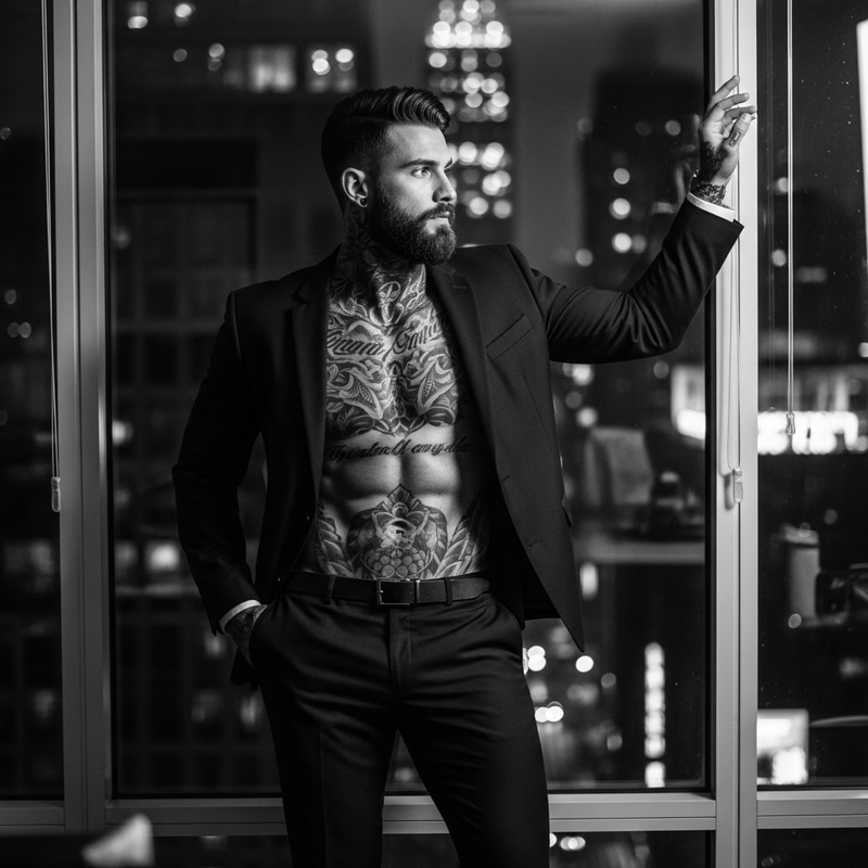 Stylish Italian Man in Tailored Suit, Tattoos & Urban Charm in New York City Stylish Italian Man in Tailored Suit, Tattoos & Urban Charm in New York City