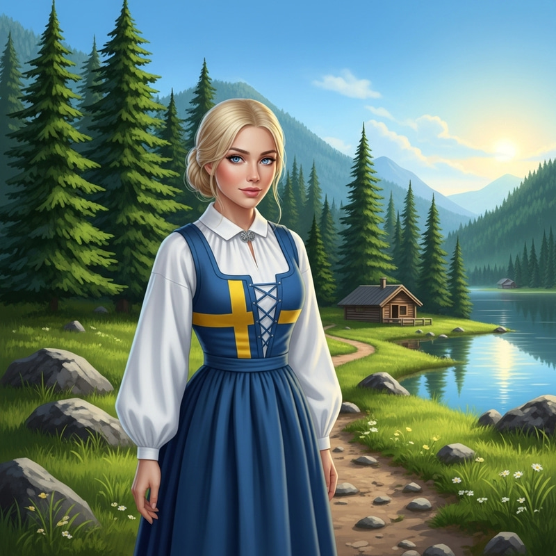 Serene Swedish Woman in Traditional Dress | Scenic Landscape View Serene Swedish Woman in Traditional Dress | Scenic Landscape View