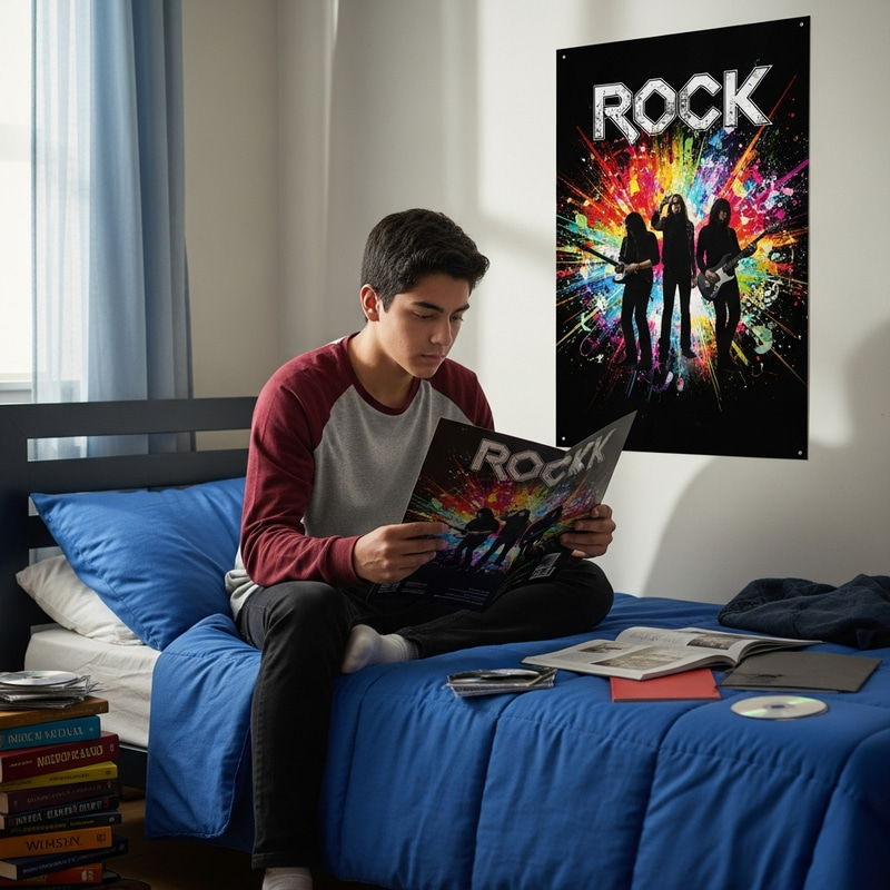 Hispanic Male Teenager Mesmerized by Vibrant Rock Poster