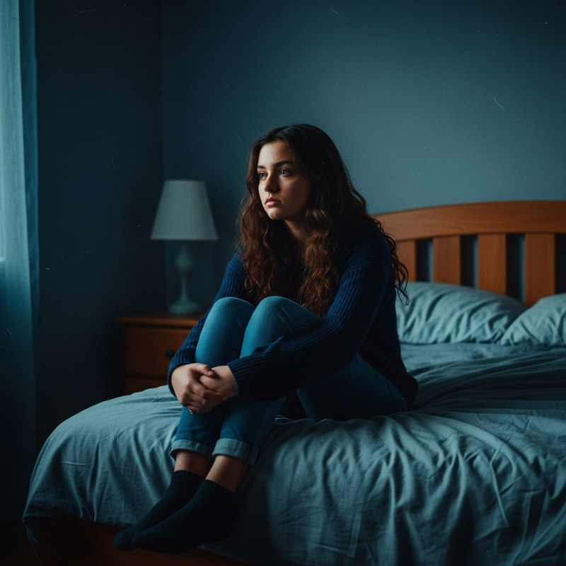 Moody and Introspective Teenage Girl in Bedroom - Emotional Portrait Moody and Introspective Teenage Girl in Bedroom - Emotional Portrait