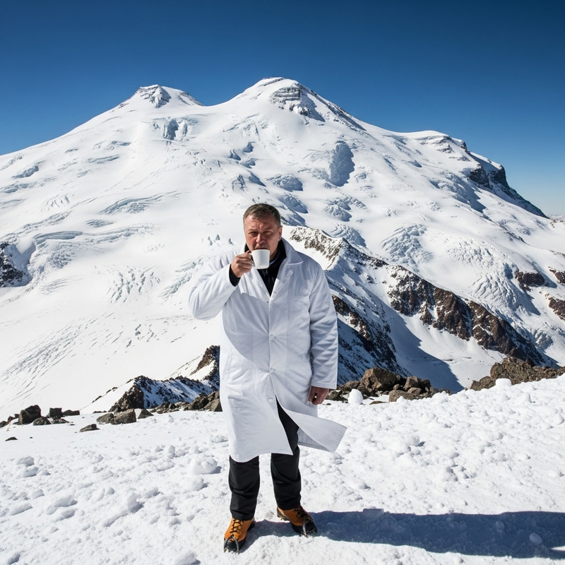 Businessman in White Housecoat on Mount Elbrus Drinking Coffee Businessman in White Housecoat on Mount Elbrus Drinking Coffee