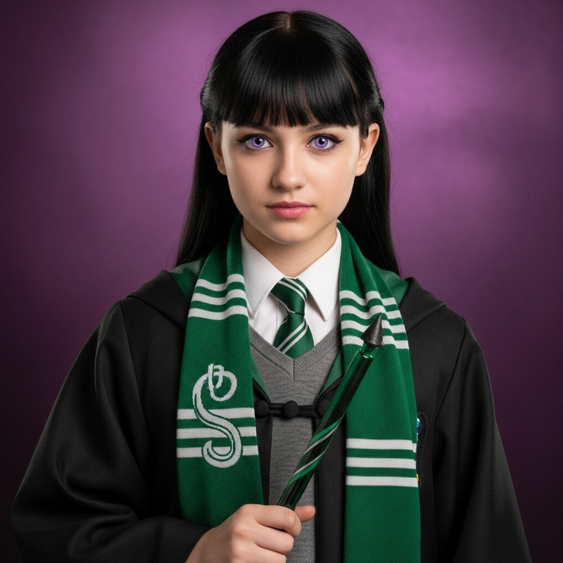 13-Year-Old English Girl with Black Hair and Purple Eyes in Slytherin Uniform 13-Year-Old English Girl with Black Hair and Purple Eyes in Slytherin Uniform