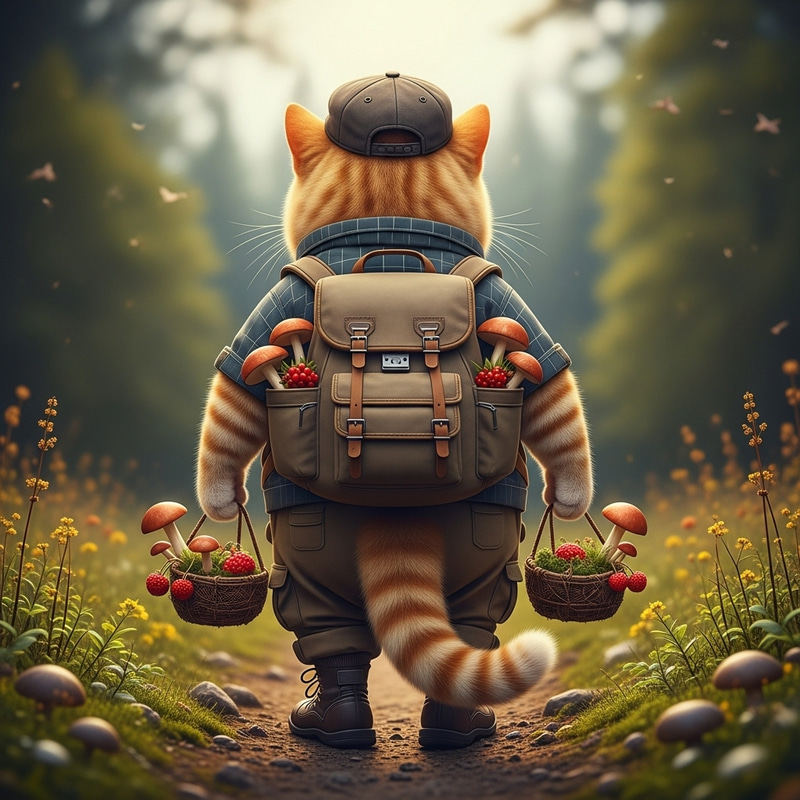 Small Plump British Orange Tabby Cat in Nature Gathering Mushrooms and Berries Small Plump British Orange Tabby Cat in Nature Gathering Mushrooms and Berries