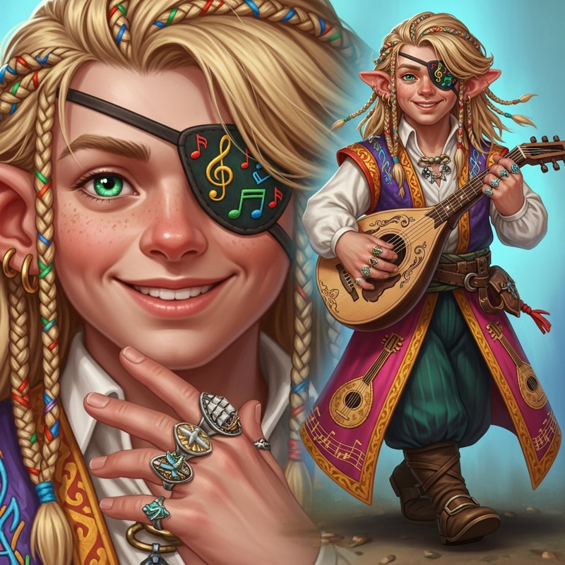 Hurus Banark: Young Halfling Bard - Detailed Character Illustration Hurus Banark: Young Halfling Bard - Detailed Character Illustration